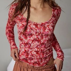 Free People Floral Long Sleeve Top - Red and Pink